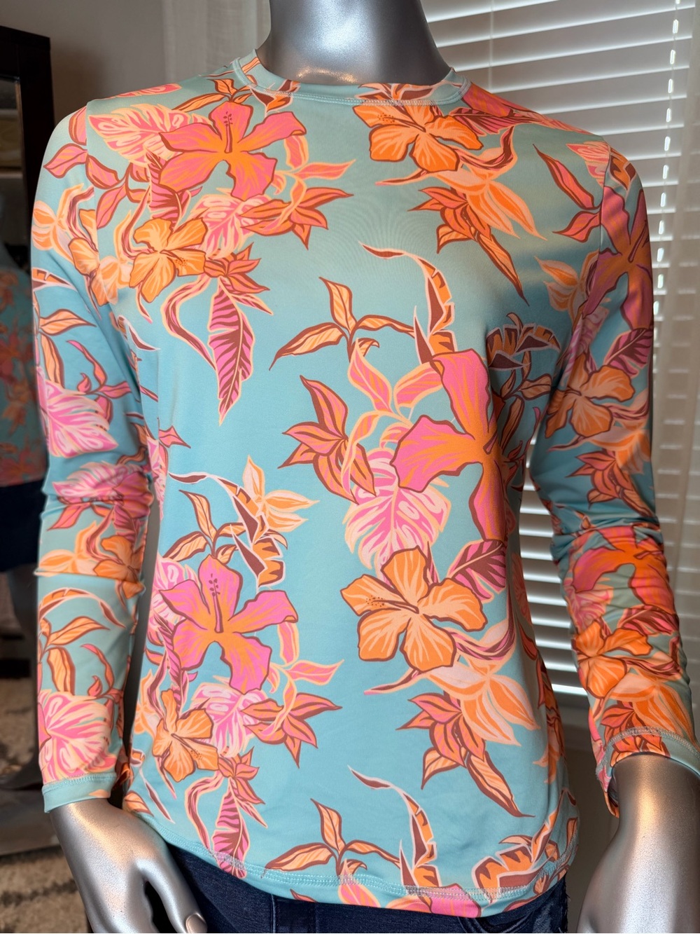 Roxy Tropical Floral Rash Guard Swim Top Medium Aqua Pink UPF Teal Coral Beach - Picture 2 of 9